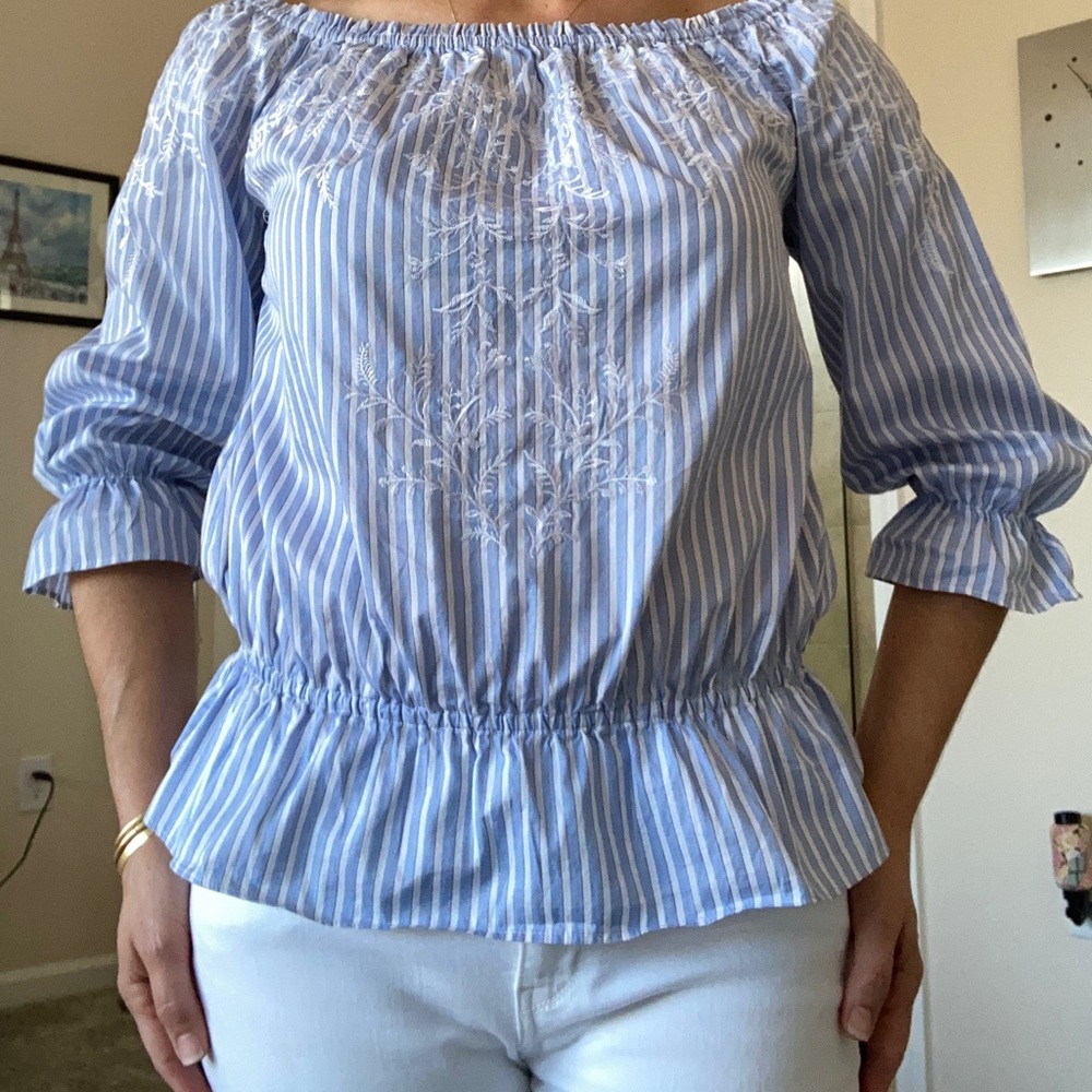 White House Black Market. Elastic & embroidered neckline off shoulder top. EUC